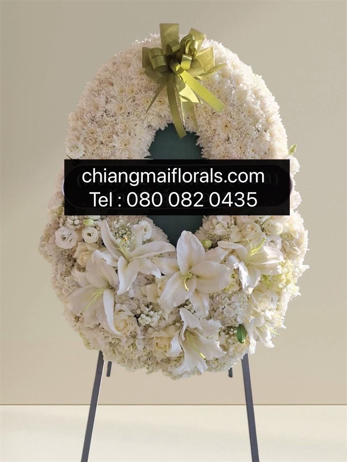 พวงหรีดดอกไม้สดขนาดใหญ่จากร้านดอกไม้เชียงใหม่ จัดส่งวัดในตัวเมือง